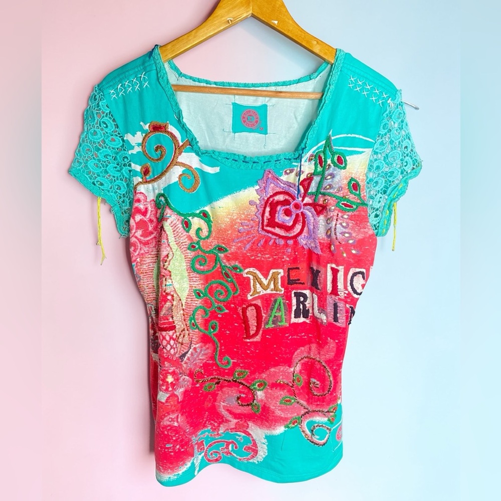 Double D Ranch Turquoise & Coral Embroidered Crochet Short Sleeve Beaded Tee